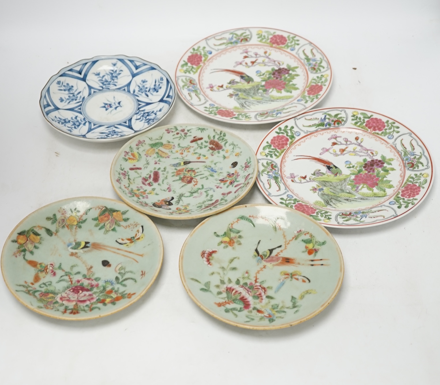 Six various Chinese plates including three 19th century celadon ground plates, largest 23cm diameter. Condition - fair